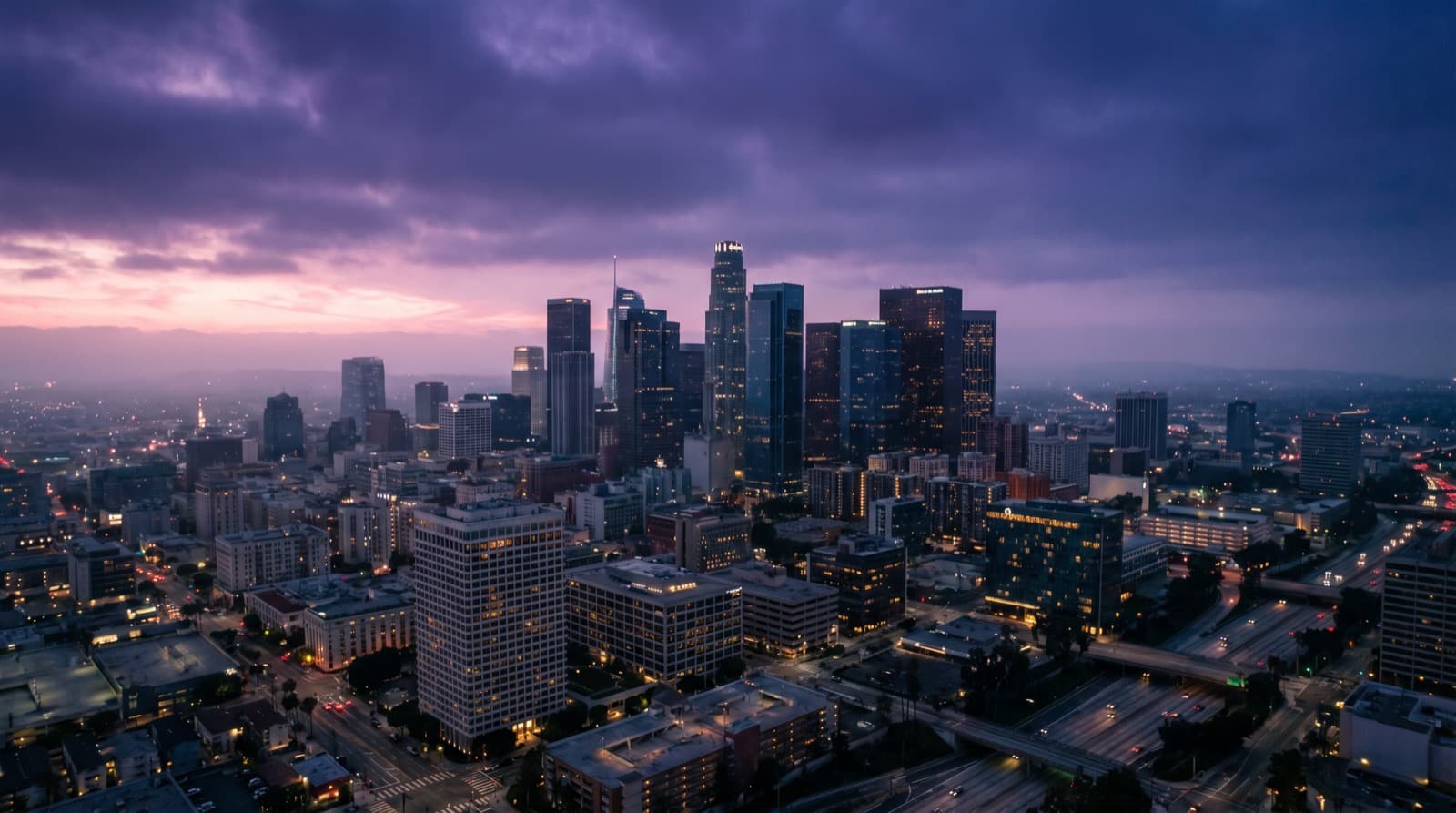 Downtown Los Angeles skyline at dusk