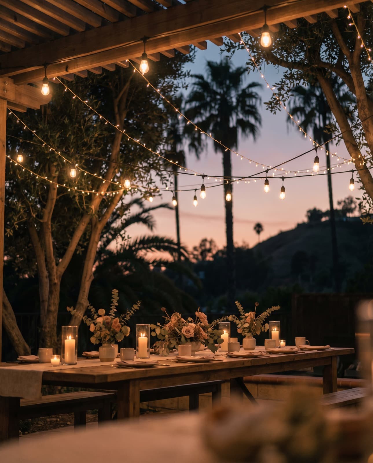 Outdoor private event setup at dusk in Los Angeles