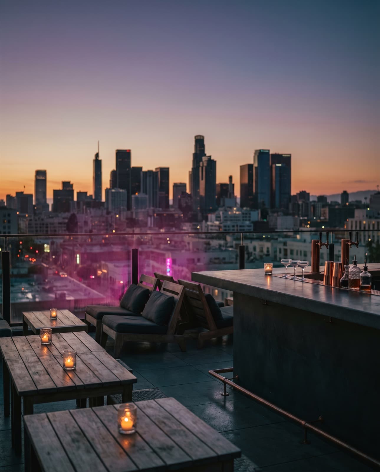 Los Angeles rooftop bar at twilight